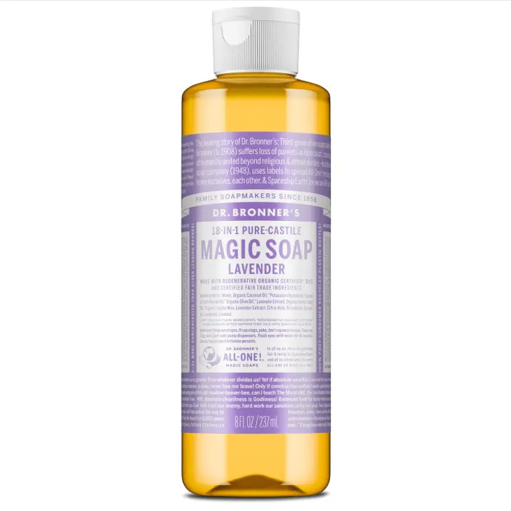 Dr. Bronner's Magic Soap-Pure-Castile Liquid Soap (Lavender, 8 ounce)-Regenerative Organic Certified Oils, 18-in-1 Uses: Body, Hair, Laundry, Pets & Dishes, Concentrated, Vegan, Non-GMO