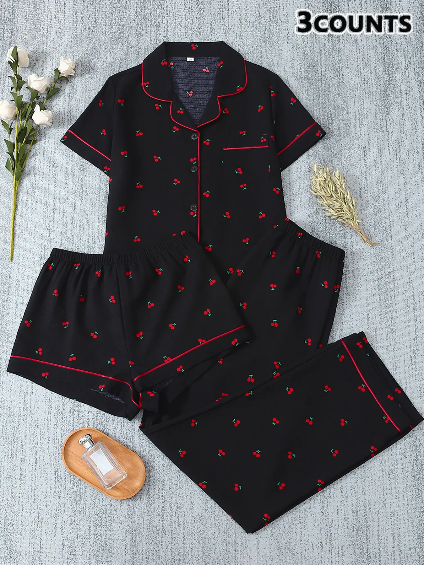 Women's 3-Piece Pajama Set, Cherry Print Button Front Top & Shorts Pants, Comfortable Sleepwear for Ladies, Casual Nightwear, Loungewear, Pyjamas