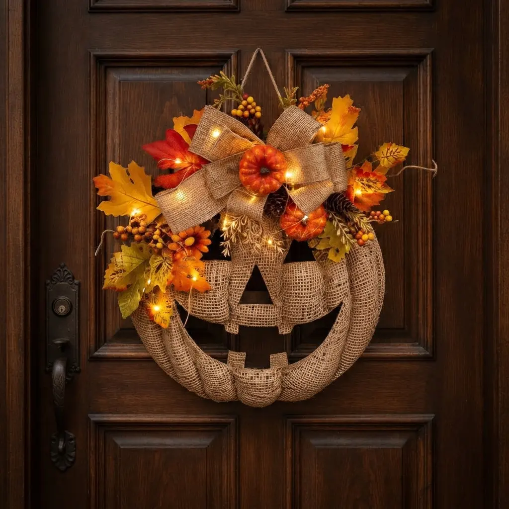 Lighted Burlap Pumpkin Halloween Wreath - Fall Harvest Front Door Decor with LED Lights, Autumn Maple Leaves, Pinecones & Buffalo Bow, Spooky Farmhouse Hanging Ornament for Indoor Outdoor Porch Entryway Holiday Decoration