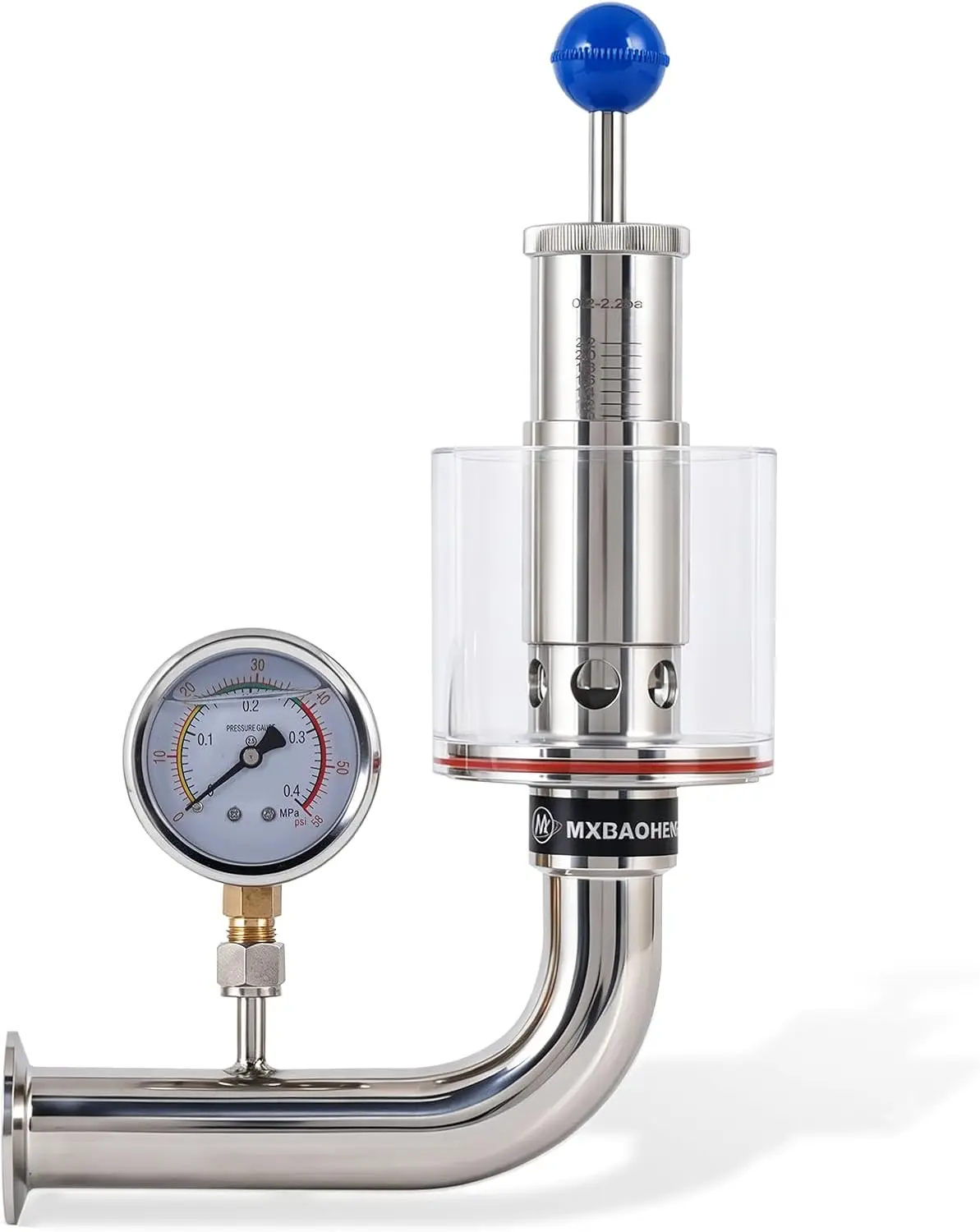 1.5’’ Tri Clamp Spunding Valve, 0.2-2.2 Bar, 304 Sanitary Stainless Steel, Adjustable Pressure (L-type with Stainless Steel Pressure Gauge)