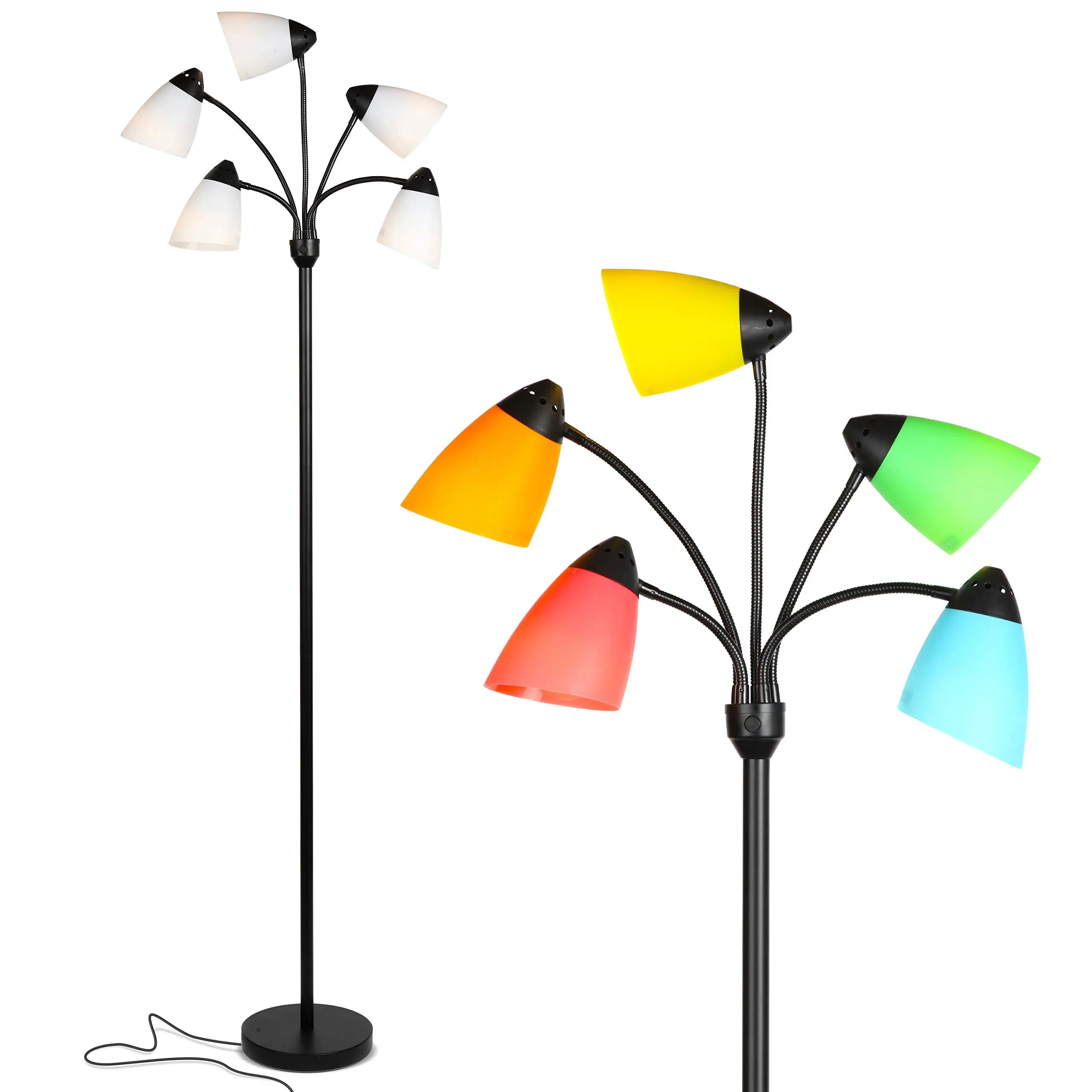 Brightech Medusa LED Modern Floor Lamp - Multi-Head Adjustable Tall Pole Standing Reading Lamp with 5 LED Bulbs, 5 Interchangeable White & Colored Bases & Shades for Living Room, Bedroom, Kids Room - Colorful Ambient, Mood, Decorative Accent Lighting