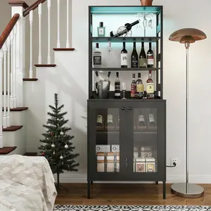 67" LED Bar Cabinet with Power Outlets, Multi-Functional Liquor Wine Storage with Glass Rack, Coffee Bar Station and Microwave Stand for Living Room