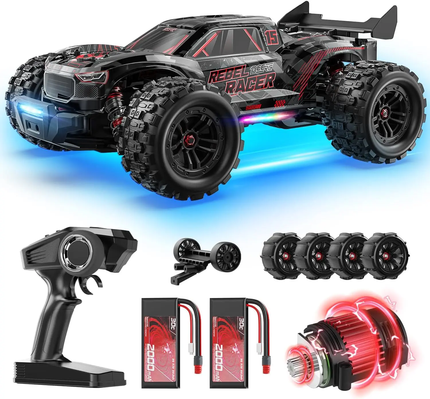 DEERC 1:14 Brushless RC Car - 46+ MPH 4WD Off-Road Remote Control Truck, 2x3S Lipo Waterproof RC Truggy, 7 Lighting Modes, All-Terrain for Snow & Sand, Brushless Rc Trucks