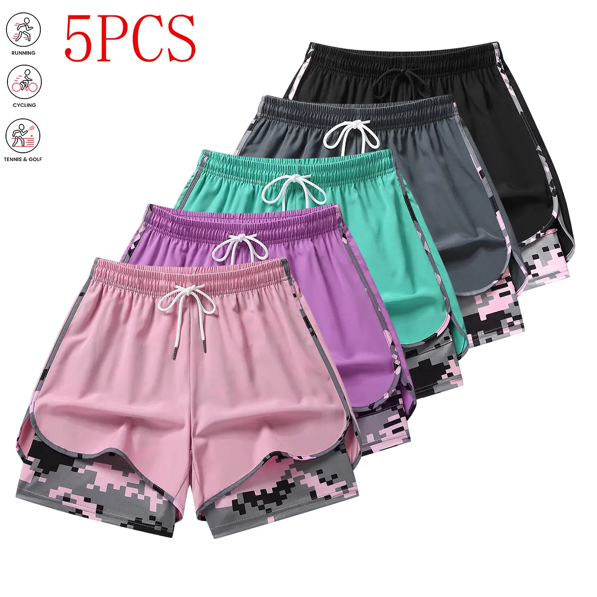 Women’s casual athletic shorts with built-in liner, drawstring, elastic waistband; suitable for outdoor sports, fitness, running, and casual wear; women’s shorts, athletic shorts, womenswear