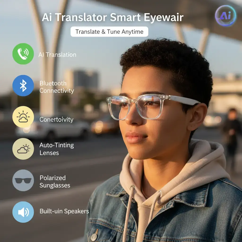 Multifunctional Smart Glasses, AI-Powered Wearable with Bluetooth, Auto-Tinting Polarized Lenses, Built-In Speakers & Mic, Blue Light Blocking, Voice Control, Phone Call Support, Tech-Inspired Rectangular Frame