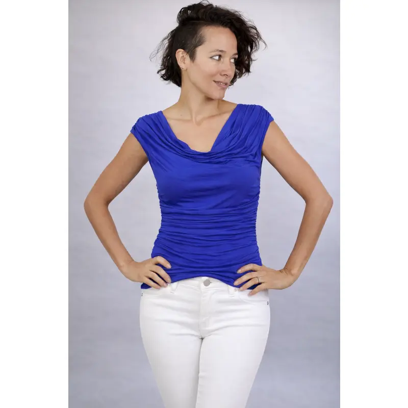 Cowl Fitted Shirred Stretchy Top - Royal Blue