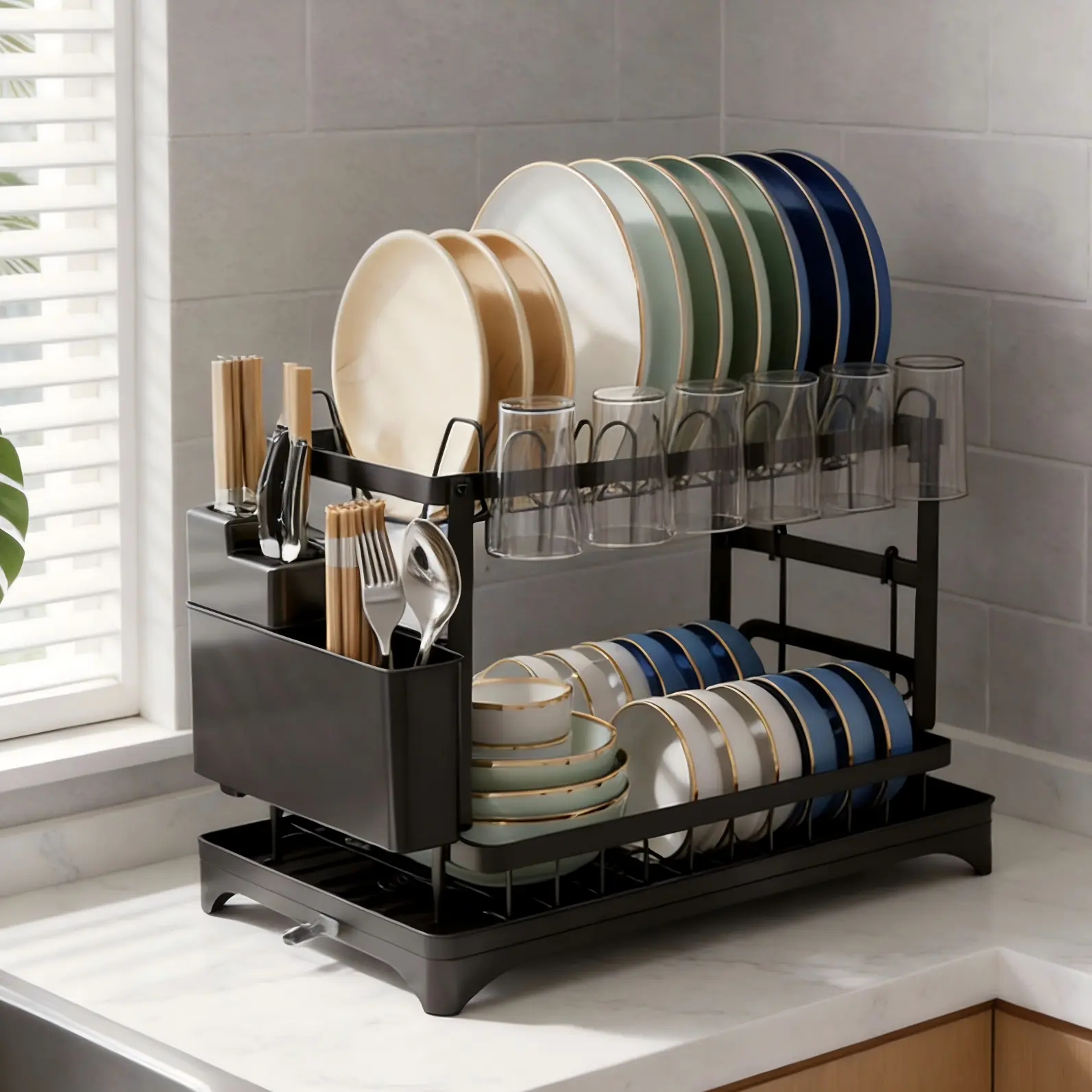 2-Layer Rustproof Metal Kitchen Dish Drainer Rack with Drainboard, Adjustable Drainage, Large Capacity, Space-Saving Countertop Home Supplies Organiser with Utensil & Cup Holder