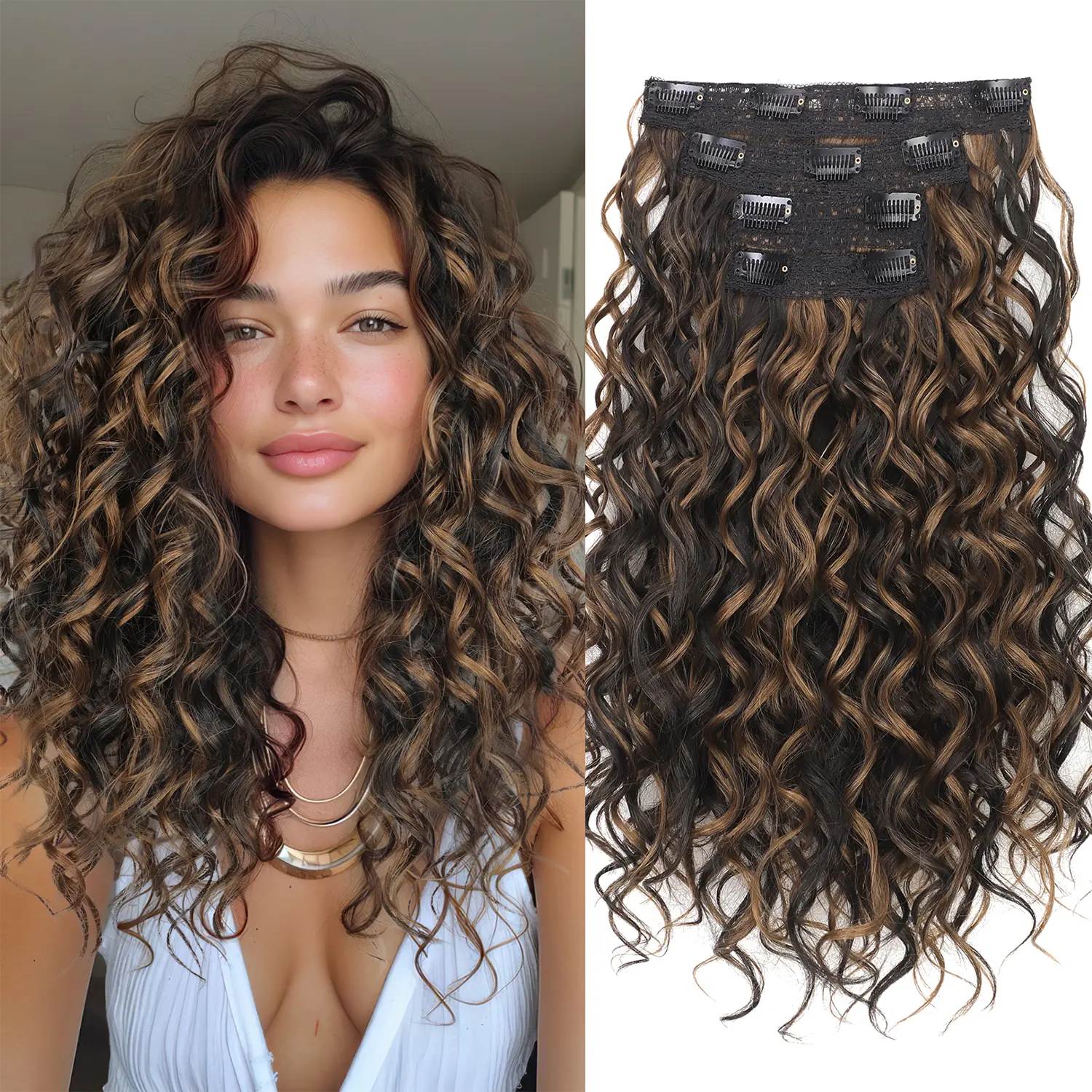 AISI HAIR 4PCS 16 inch Clip-in Curly Hair Extensions Natural Lace Weft Tangle-Free Fiber Secure Fit for Women's Everyday & Special Occasion Use Wavy Synthetic Hair Soft Synthetic Hair