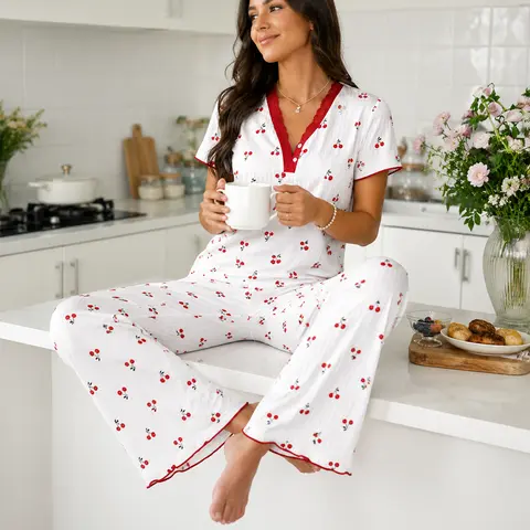 FEITAI Women's Soft Feminine 2-Piece Floral Cherry Print Pajama Set - Ribbed Knit V-Neck Short Sleeve Button-Front Henley Top with Lace, Elastic Comfortable Stretchy-Fit Loungewear Pants,sohochic