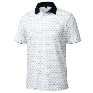 Alimens&Gentle Men's Contrast Collar Short Sleeve All Over Printed Polo Shirt, Dry Fit Moisture Wicking Stretch Collared Business Casual Shirt