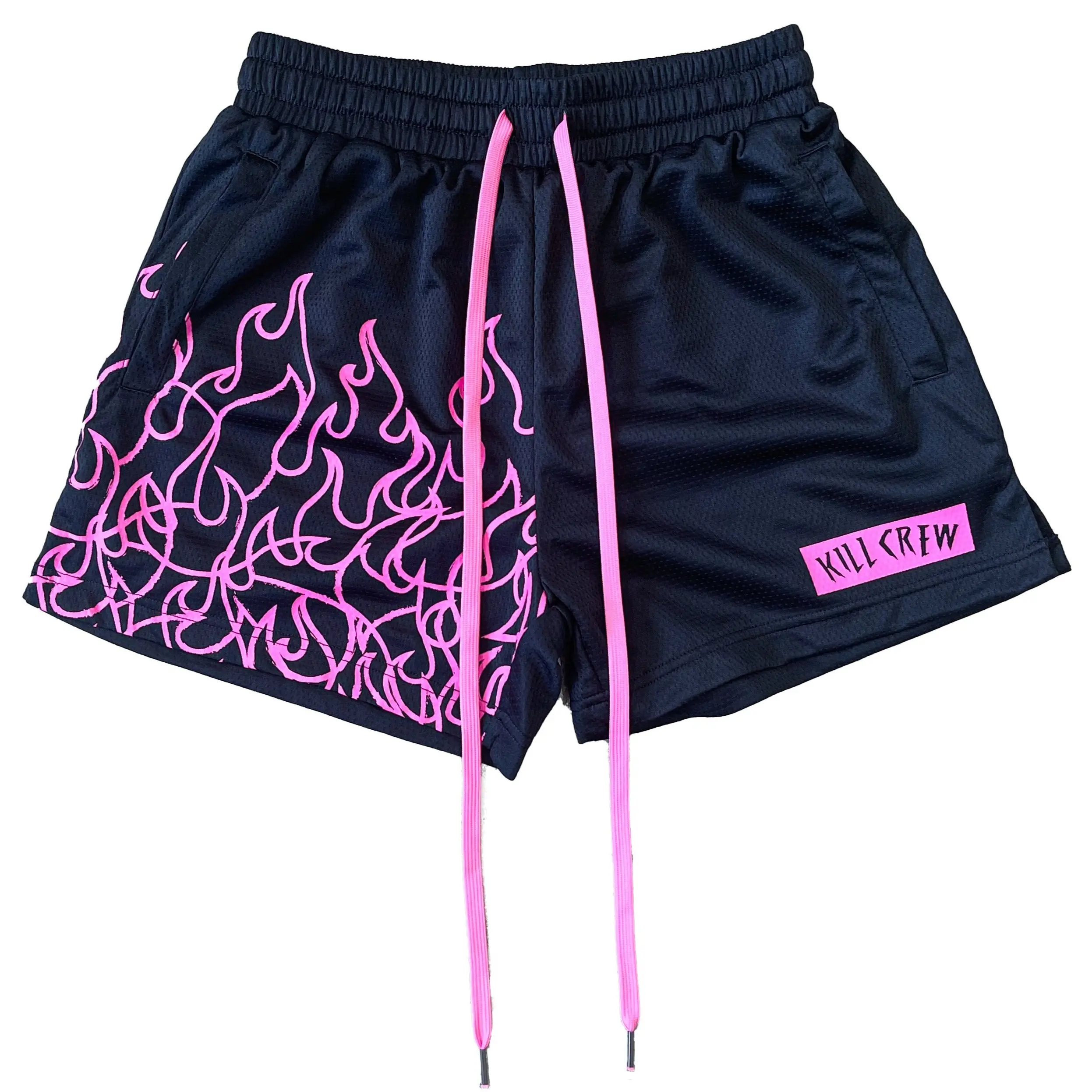 Kill Crew Women's Retro Flame Graphic Muay Thai Training Shorts, 100% Polyester, Side Pockets, Wax-Tip Extended Drawcord, Gym Bottoms, Premium Athletic Shorts, Workout Exercise Shorts