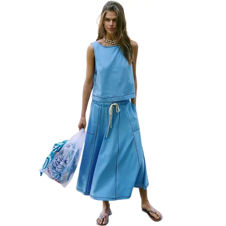 YeeZaa Women's Skirt Set 2 Piece Sleeveless Y2K Draped Tank Top Drawstring Midi Skirt Lounge Outfits Sleeveless Vest Half Skirt 2026 Spring Summer Two Piece Travel Outfit