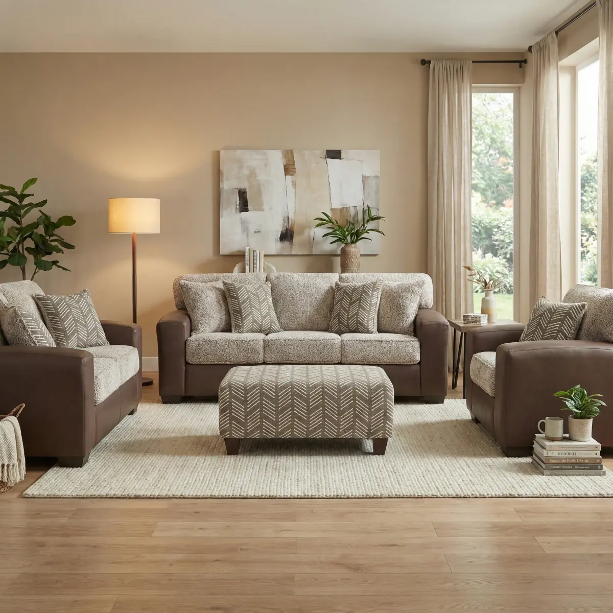 [Bellemave] 4-Piece Living Room Furniture Set, Sofa Loveseat Chair & Ottoman with Faux Leather Upholstery and Curly Shearling Cushions