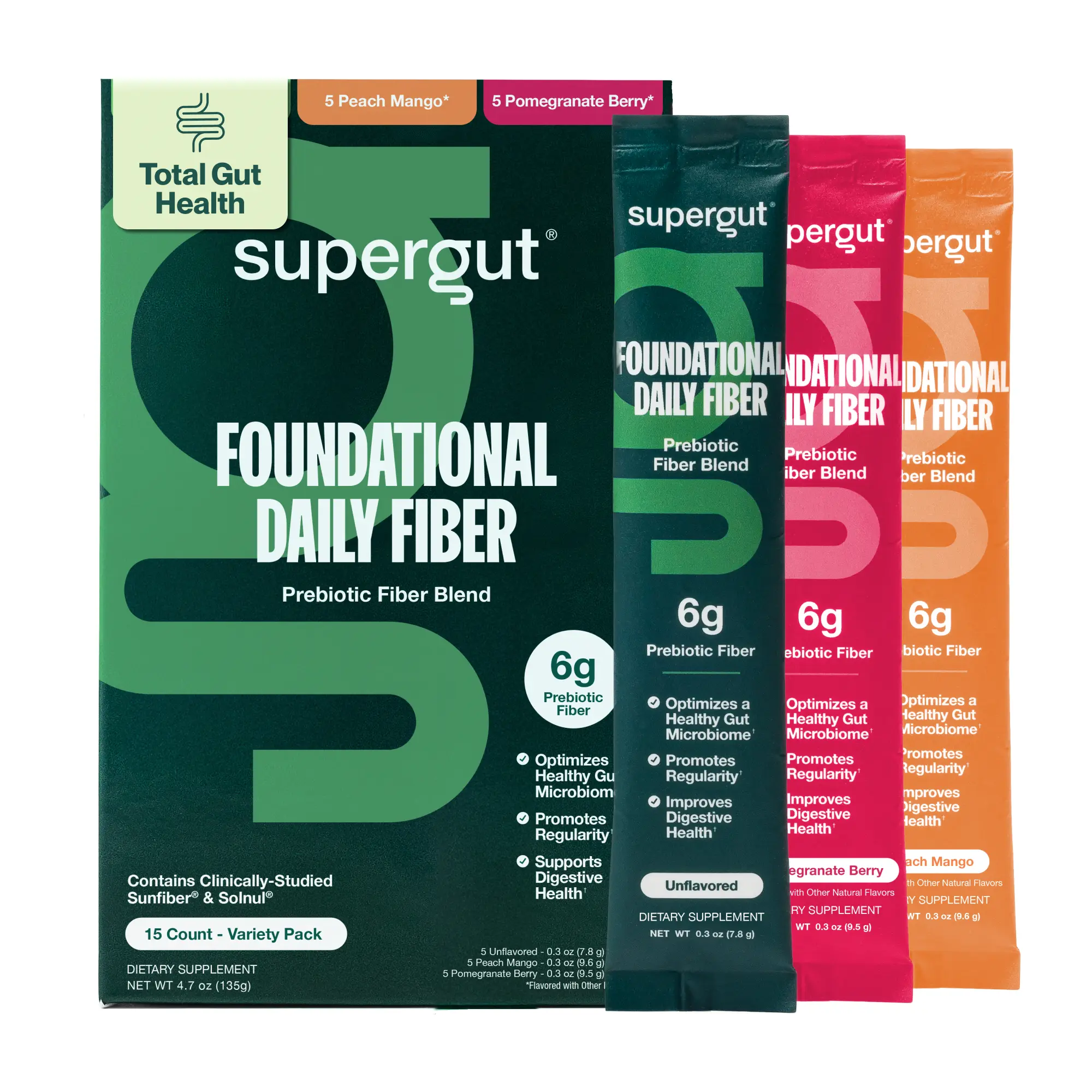 Supergut Foundational Daily Fiber Powder Variety Pack, Sugar Free & Vegan Prebiotic Fiber Blend for Gut Health & Digestive Support for Men & Women with Sunfiber, Solnul & Green Banana Resistant Starch, Unflavored, Peach Mango & Pomegranate Berry
