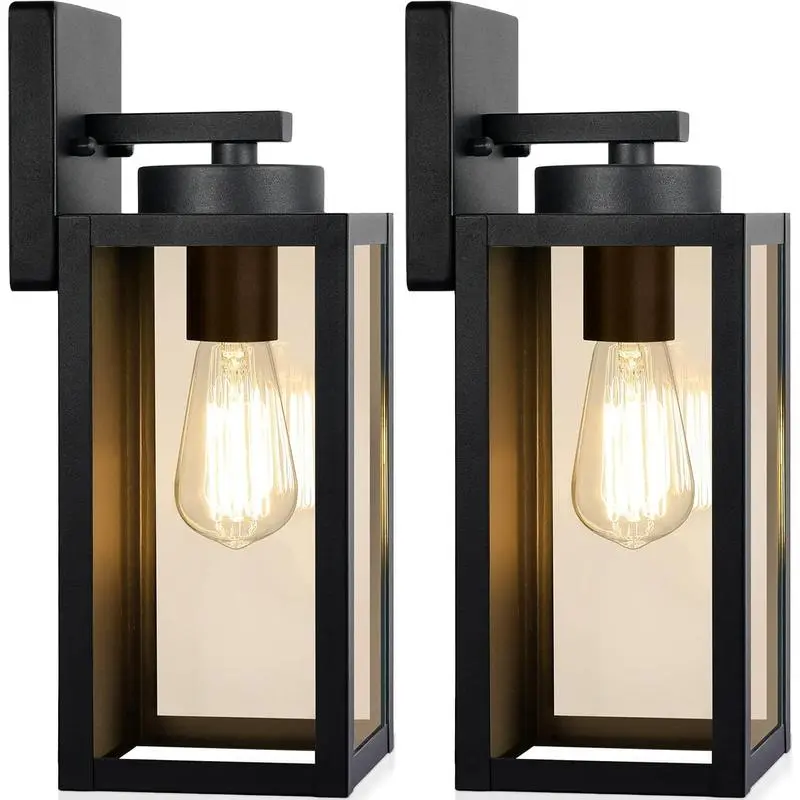 MATULSA Outdoor Wall Light Fixtures, Exterior Waterproof Lanterns, Porch Sconces Wall Mounted Lighting with E26 Sockets & Glass Shades, Modern Matte Black Wall Lamps for Patio Front Door Entryway, 2-Pack