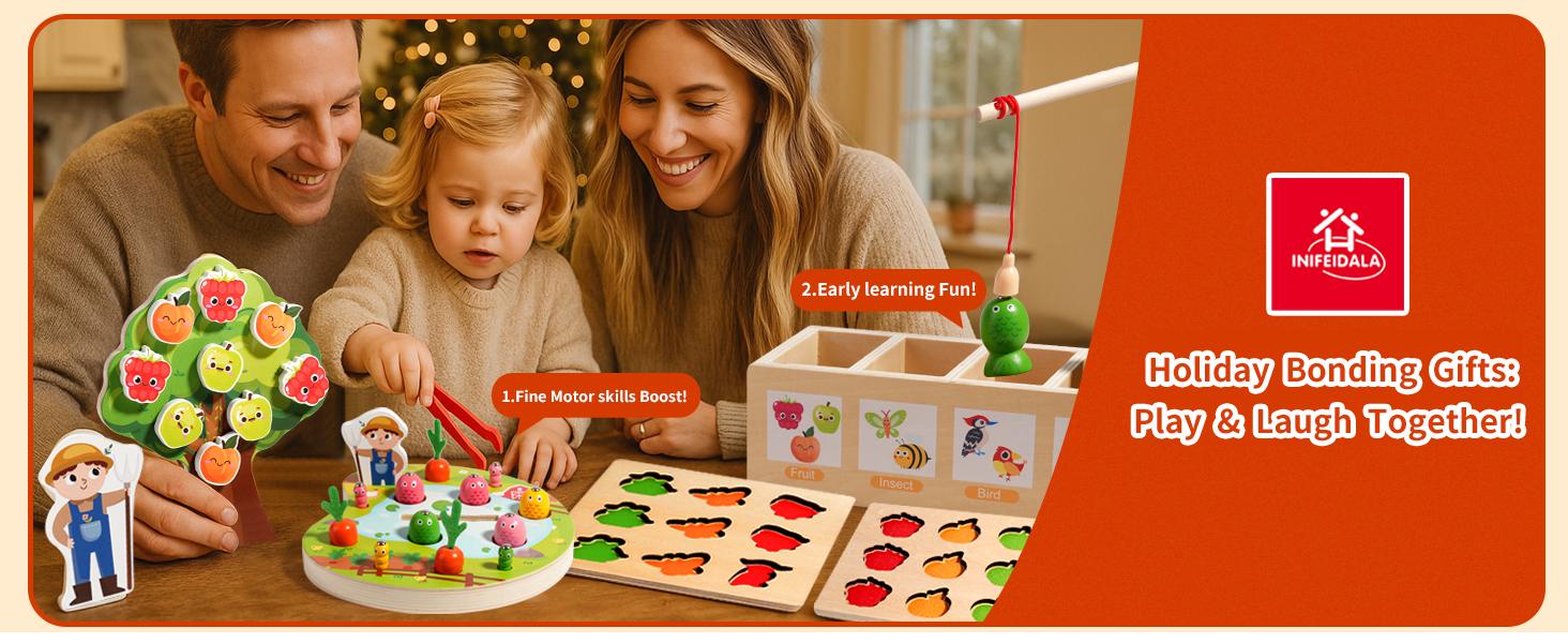 INIFEIDALA Wooden Montessori Educational Toys for 3-5 Year Olds, Shape Sorter with Carrot Harvest & Magnetic Fishing Games, Fine Motor Skills Development Birthday Gifts for Boys & Girls
