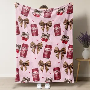 Dr Pepper Flannel Leopard print bow Throw  cozy soft fluffy  decorative giftable soft fleece  figure print slogan reversible fluffy heavyweight blanket  little girl room decor