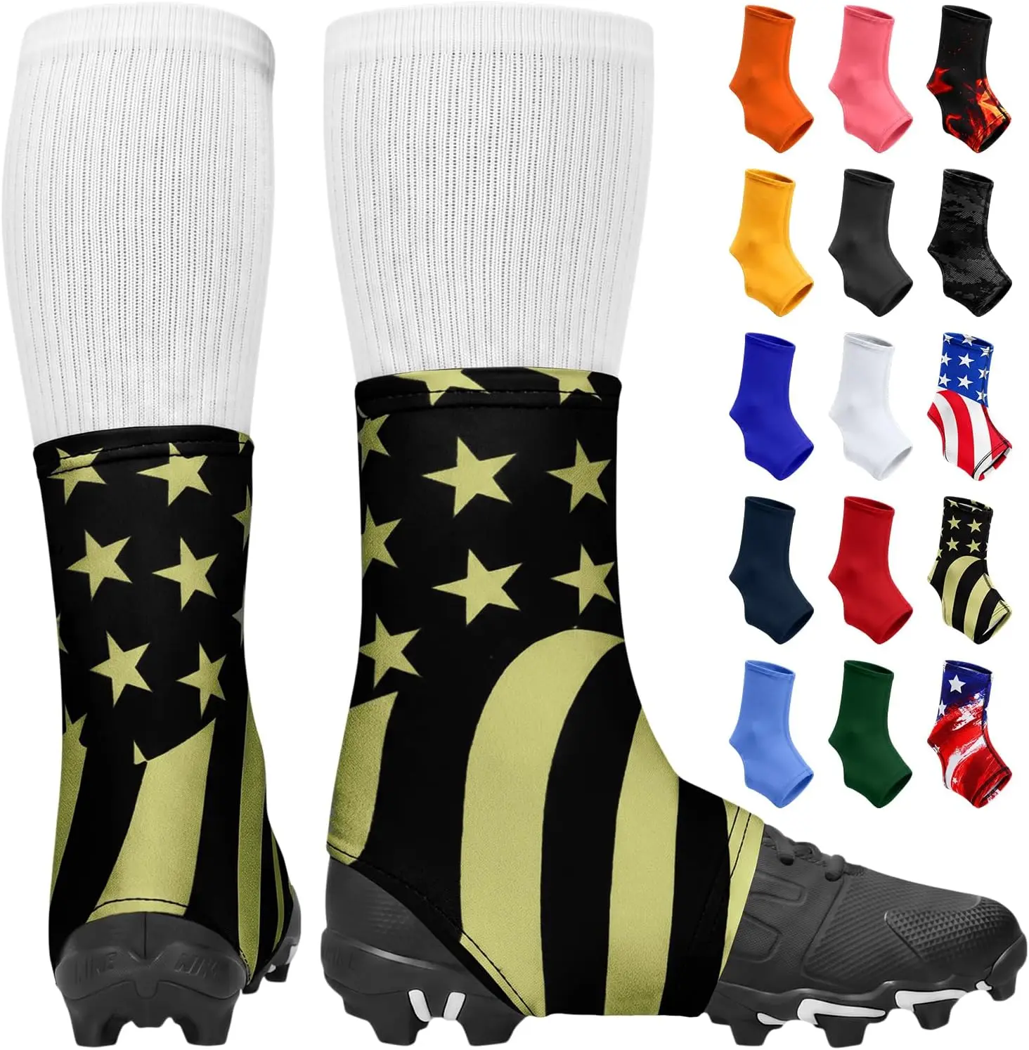 Spats Football Cleat Covers - Keep Your Laces Tied and Cleats Clean, Football Spats for Cleats, Perfect for Baseball, Soccer, Lacrosse, Hockey - Adult & Youth Sizes (Gold USA Flag)