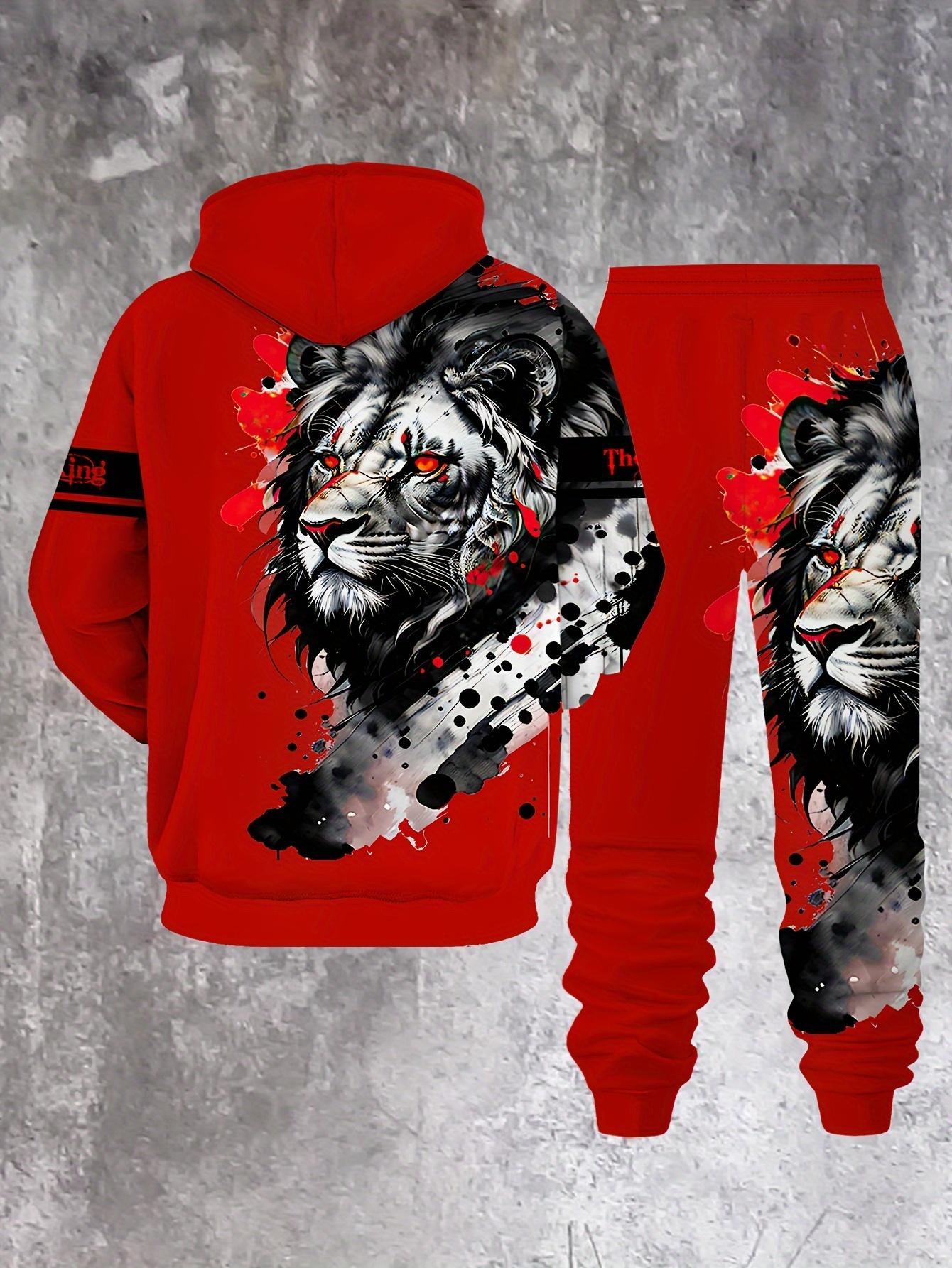 American Street Style Red Lion Print Hoodie Set Men's Casual Sports Two-Piece Suit