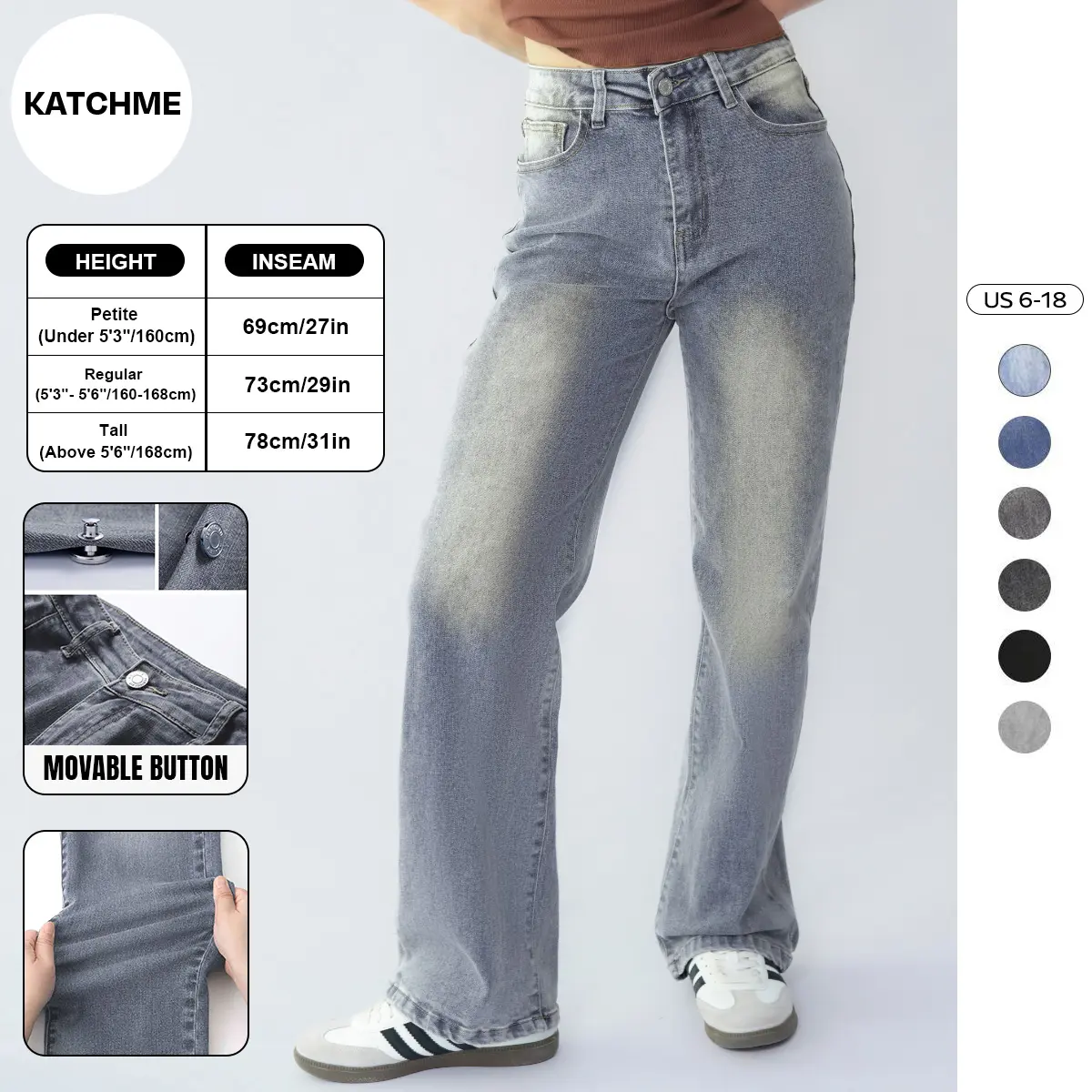 KatchMe Women's Trendy Denim High Waist Multi-Pocket Wide Leg Jeans, Versatile Denim Trousers for Women, Street Stretch Womenswear, Baggy Jeans Outfits(2)