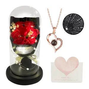 Valentines Gift for Her Forever Flower Bouquet for Delivery Prime Preserved Red Roses Glass Dome LED Light 100 Languages I LOVE YOU Necklace Mothers Day Birthday Romantic Valentines Gift for Wife Women Mom