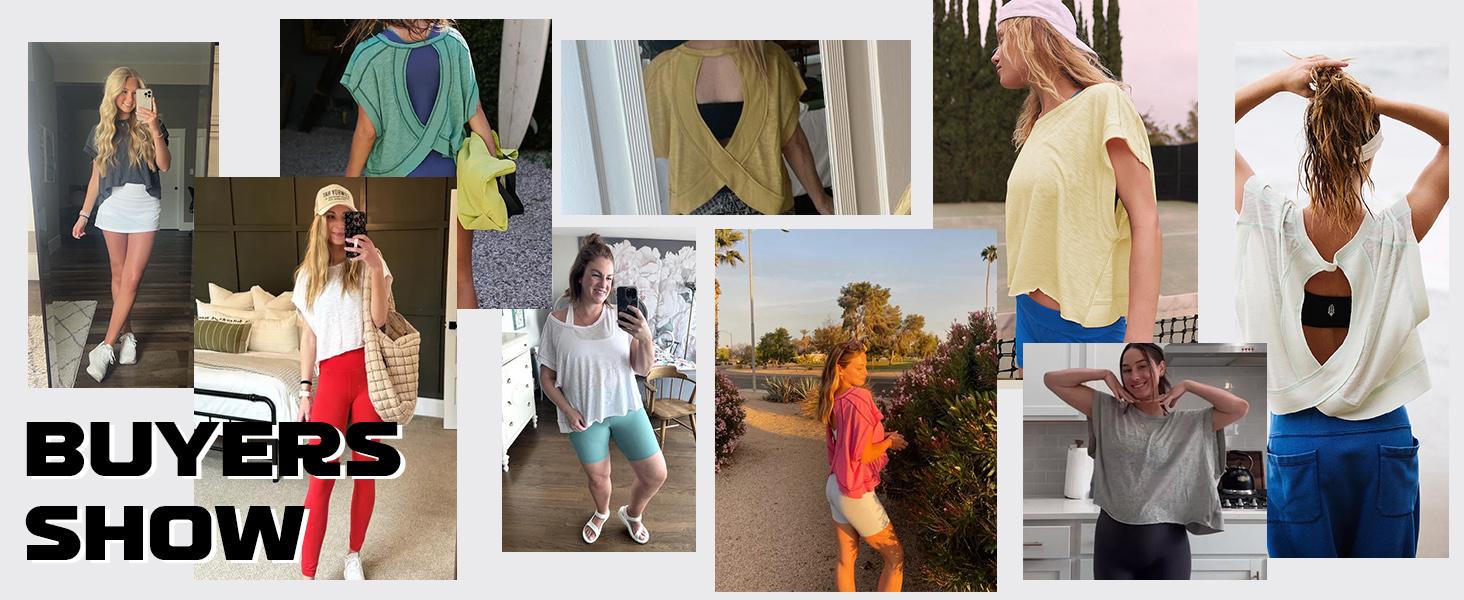 SCUSTY Women Casual Sportswear Short Sleeve Workout Shirts Open Back Tops Casual Yoga Y2k Athletic Gym Slouchy Crop Running Tees