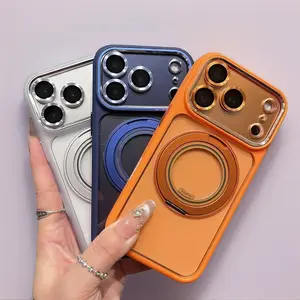 Compatible with IP 14/15/16/17 Pro Max, rotating magnetic stand phone case, transparent, light luxury, anti-drop protective cover
