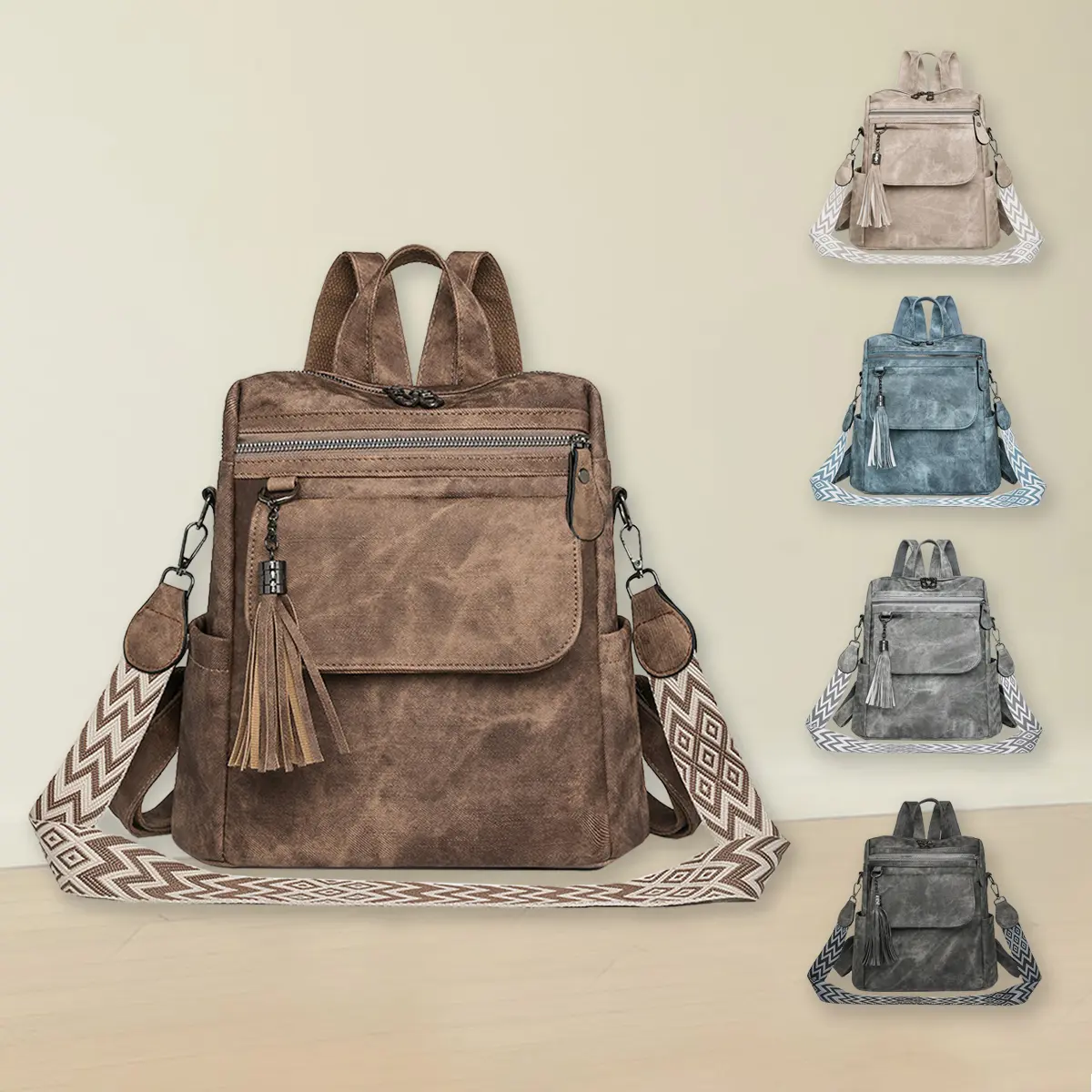 Retro Multi Functional Backpack for Women, Jacquard PU Leather Convertible Bag with Zip & Flap Pocket, Lightweight Organized Design for Travel On The Road, Portable Lightweight Backpack, Everyday Bag, Edc Gear, Lightweight Carry