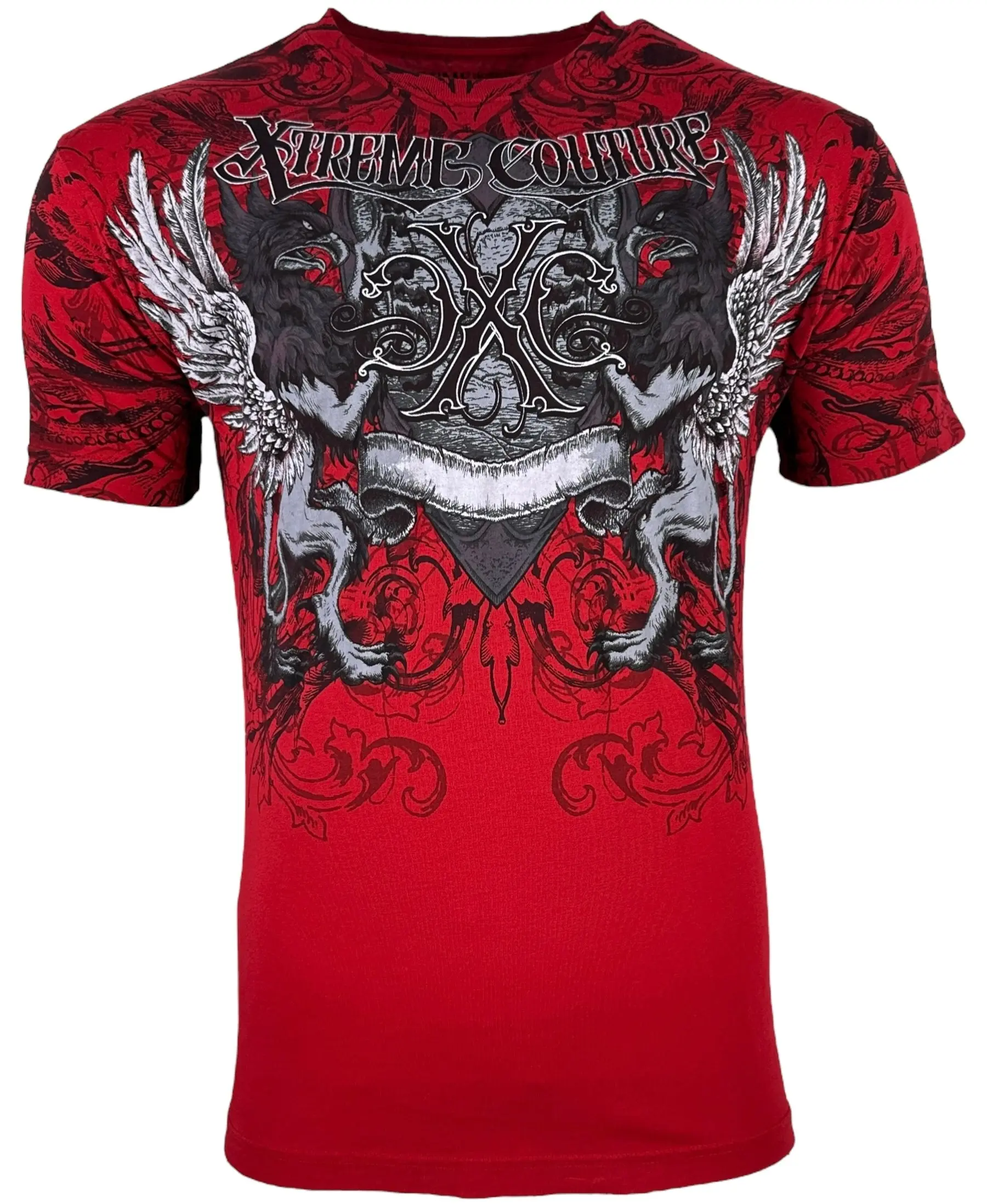 Xtreme Couture by Affliction Men's Emperor Crew Neck Casual Graphic Tee - Red 100% Cotton Menswear, Short Sleeve, Fitted Cut, Front Back Print, All Over Print, Gothic Biker, Lightweight, Pull On, Cold Wash Streetwear Top, Shirt