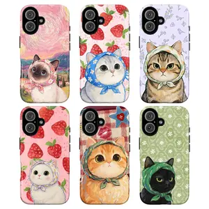 MagSafe iPhone Case 1pcs Vintage Cute Cat Phone Case Collection, Aesthetic cat Designs with Scarf and Floral Patterns for ip and ss, aesthetic protective cover Smartphone Shell Protection Durable Protector iphone 16 Cellphone case for iPhone13