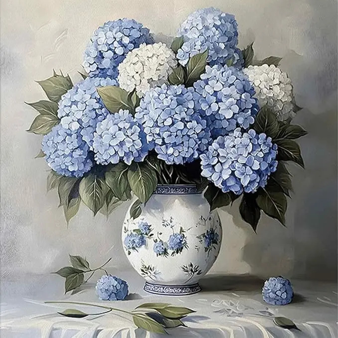 5D Diamond Painting Kit Elegant Blue & White Hydrangea Bouquet in Porcelain Vase DIY Floral Art Craft for Timeless Home Wall Decor Gifts 1/3/4/6-pack
