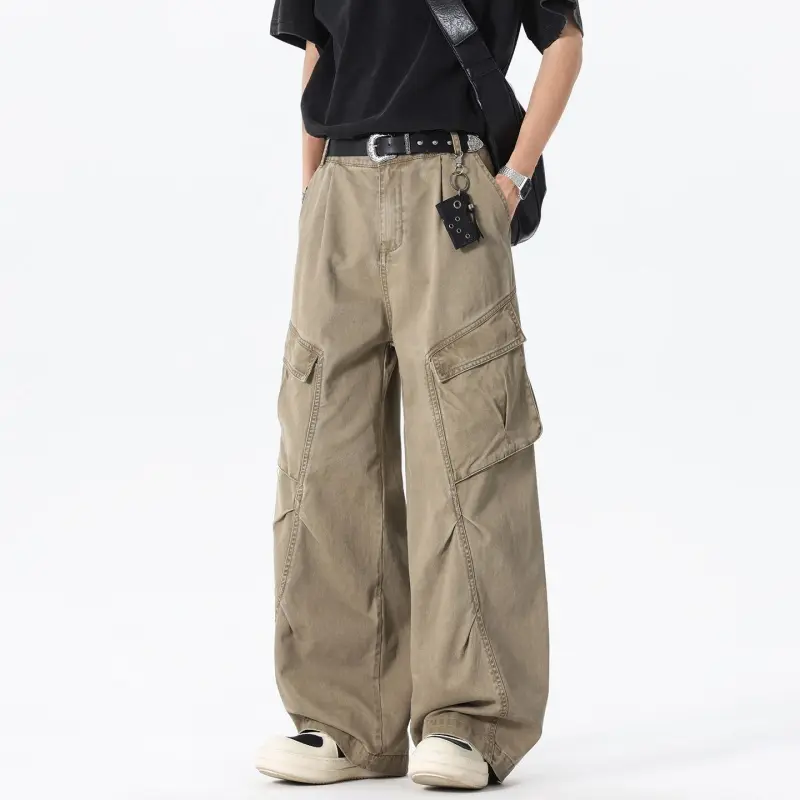 Men's Heavyweight Cargo Pants, Retro Wide-Leg Trousers with Large Pockets and Button Closure, Ideal for Matching Outdoors Streetwear, Fashion Apparel, Men's Wear, Pocket‑Full Storage