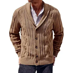 Runcati Mens Cable Knit Cardigan Sweater Shawl Collar Casual Button Down Long Sleeve Sweaters