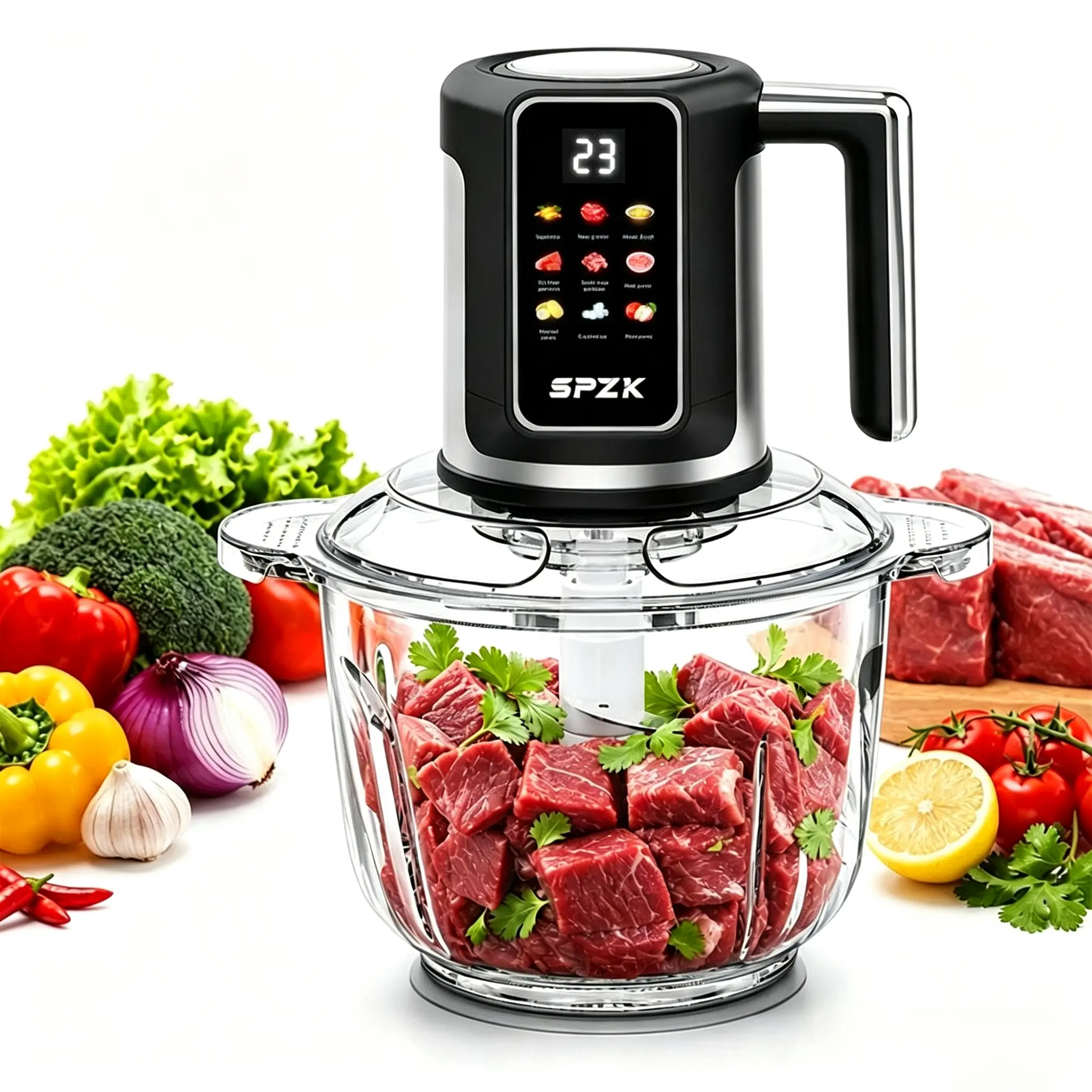 SPZTJK 3L Color Screen Electric Multi-Function Meat Grinder (110V Plug) - Meat Chopper, Slicer Shredder Attachment, Multi-Blade Mini Food Processor & Chopper, 2 Bowls & 2 Blades, BPA-Free, Dishwasher-Safe for Home Kitchen Use, Meat Shredder Machine
