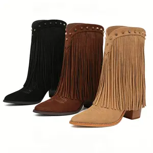 Women's Western Boots Cowgirl Mid Calf with Long Tassels Pointed Toe Chunky Heel Fashion Boho Booties for Fall Walking Shoes Footwear - Bathroom, Stylish