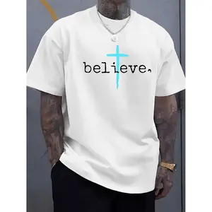 Believe Cross Graphic T-Shirt for Men Soft Casual Round Neck Ribbed Collar Slight Stretch All Season Wear in Multiple Colors Stylish Lettering