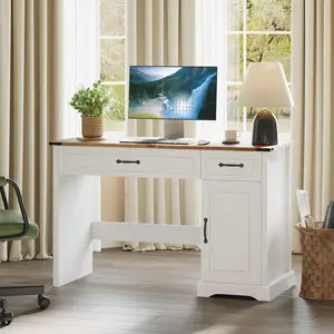 Garvee 47" Farmhouse Executive Desk in Antique White, Rustic Wood Computer Desk with Drawers and Storage Cabinet, Ideal for Home Office and Study Workstation