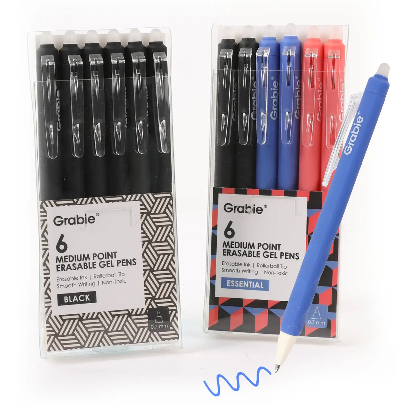 Grabie Medium Point Retractable Erasable Gel Pen Set (6-Pack) - Back to School, Reusable Ink Pens for College & Elegant Students, Note Taking Tools, Reusable Pen, Class Reward Gift Idea, School Supplies