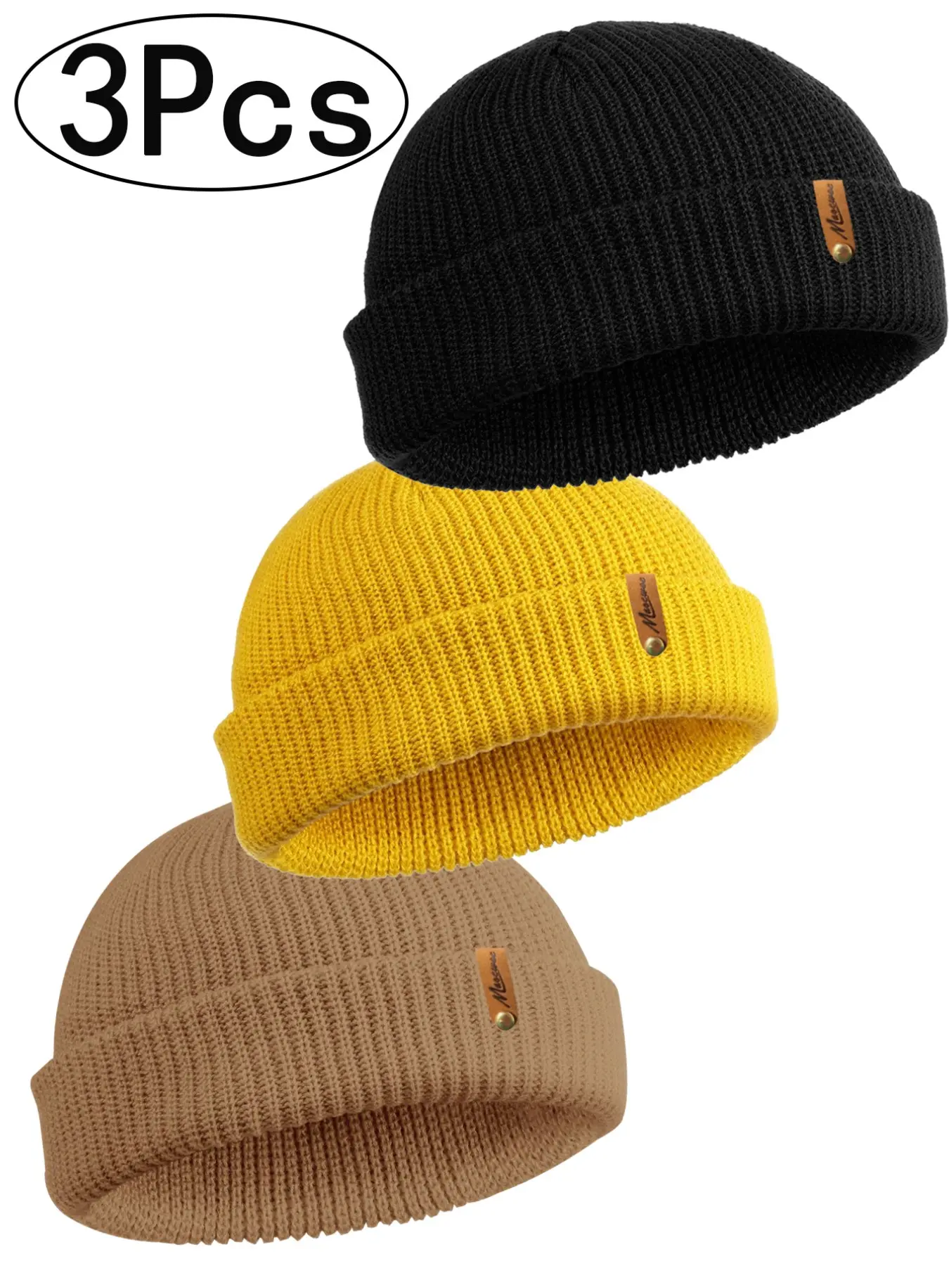3-Pack Beanie Hat, Knit Ski Cap Fisherman Beanie for Men and Women, Solid Color Knitted Hat, Premium Streetwear Headwear for Skiing, Knit Hats