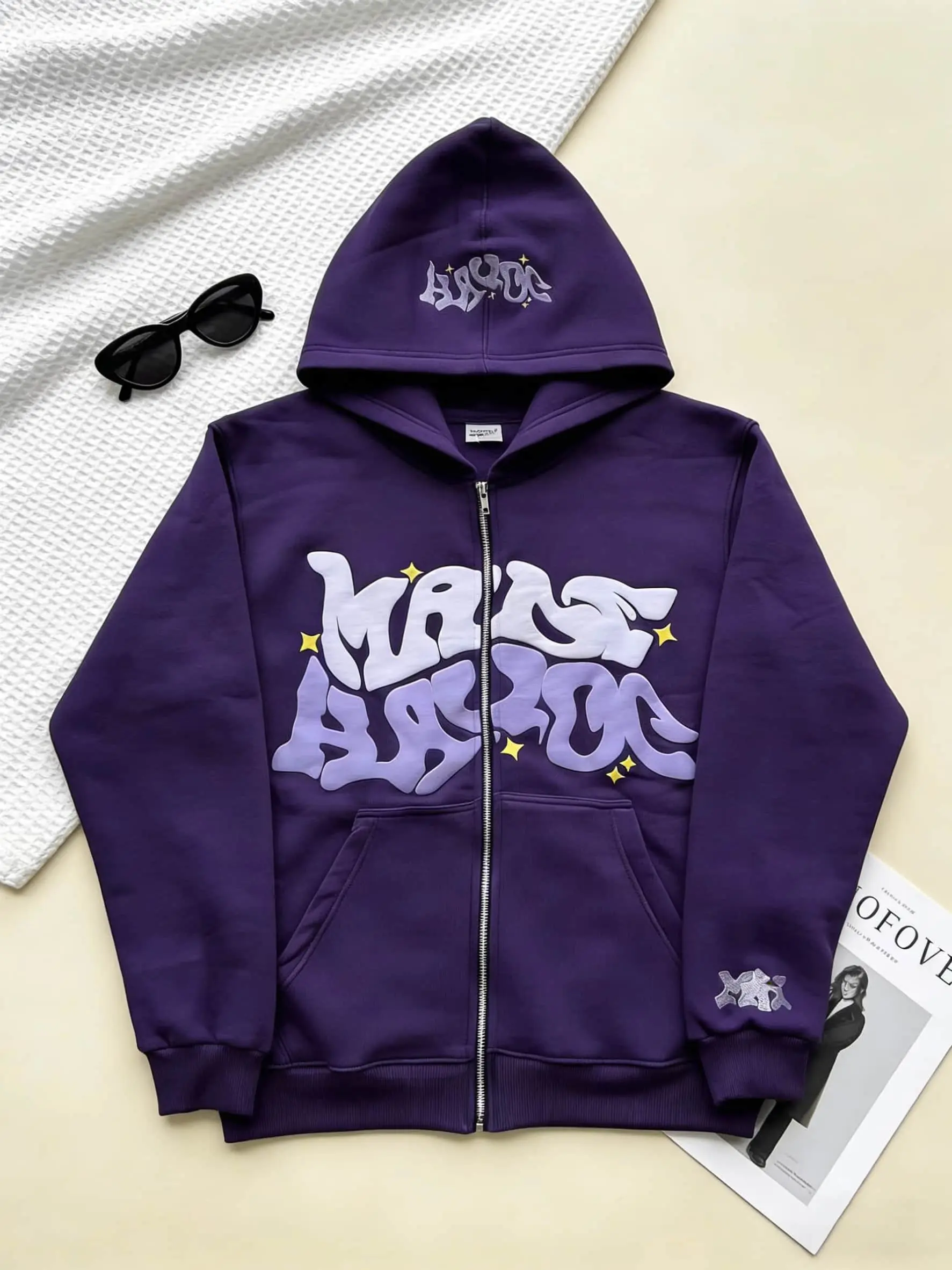 Y2K Minimalist hip-hop men's outfit，Retro Star And Letter Printed Zipper Hoodies，Avant-Garde - Street Casual Spring/Fall Loose Zipper Pocket Patched，Autumn and Winter Gothic Coat