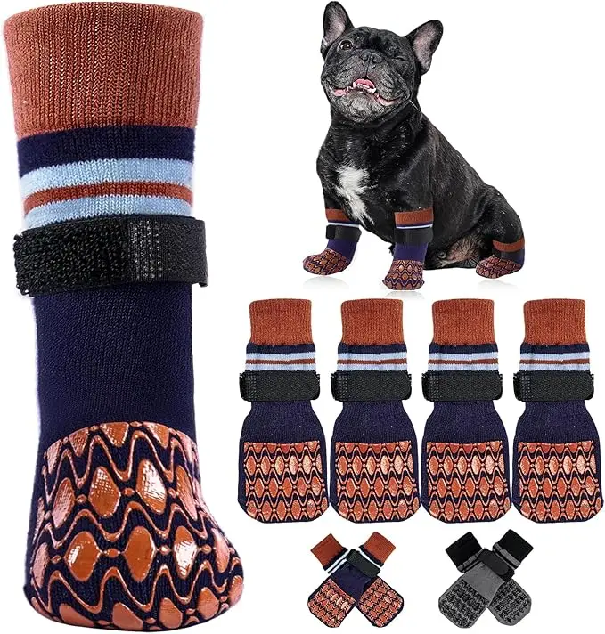 Kuoser Non Slip  Brown Dog Socks for Hardwood Floors, 4Pack Anti-Slip Dog Grippy Socks to Prevent Licking Paws, Dogs Booties Paw Protectors with Double-Sided Traction for Small Medium Large Senior Dogs