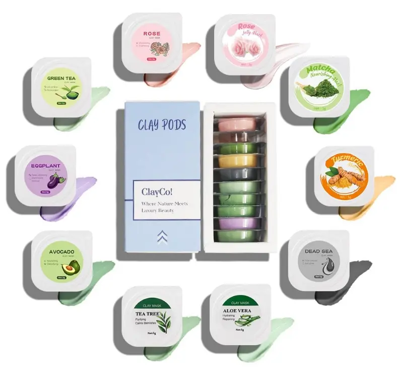 ClayCo! 10 Piece Clay Mask Variety Kit for Men & Women Facial and Skin Care, Clay Face Mask Set (Rose, Rose Jelly, Matcha, Turmeric, Dead Sea, Green Tea, Aloe Vera, Avocado, Eggplant, Tea Tree)