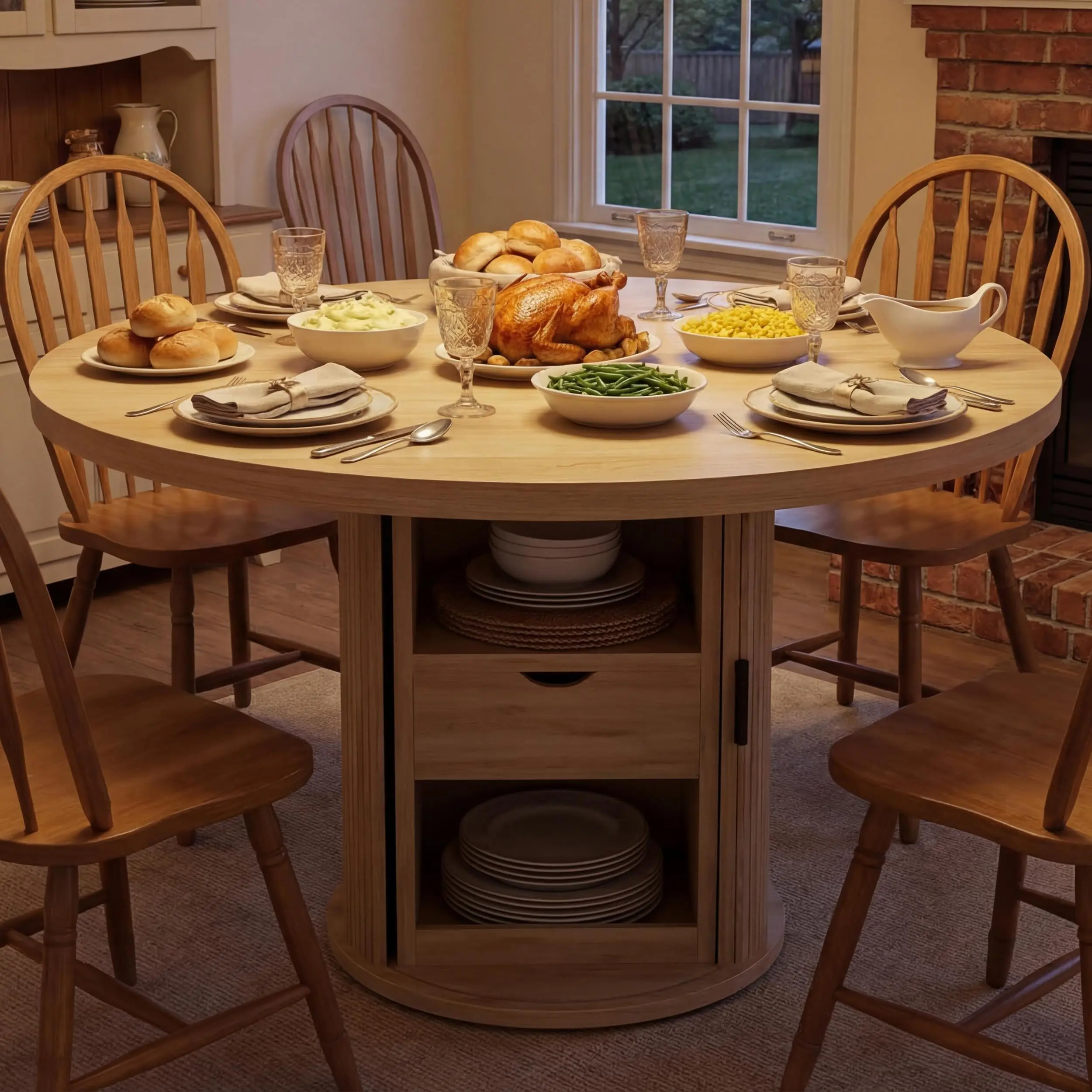 Garvee 47" Round Farmhouse Look Dining Table - Wood Frame, 2-Layer Storage Shelf, Bowl Drawer, Built-In Sliding Doors, Clutter-Free Top, Seats 4-6, Natural/Walnut/Black Finishes, Center Table, Study Desk, Easy to Assemble, Includes Assembly Guide,sohochic