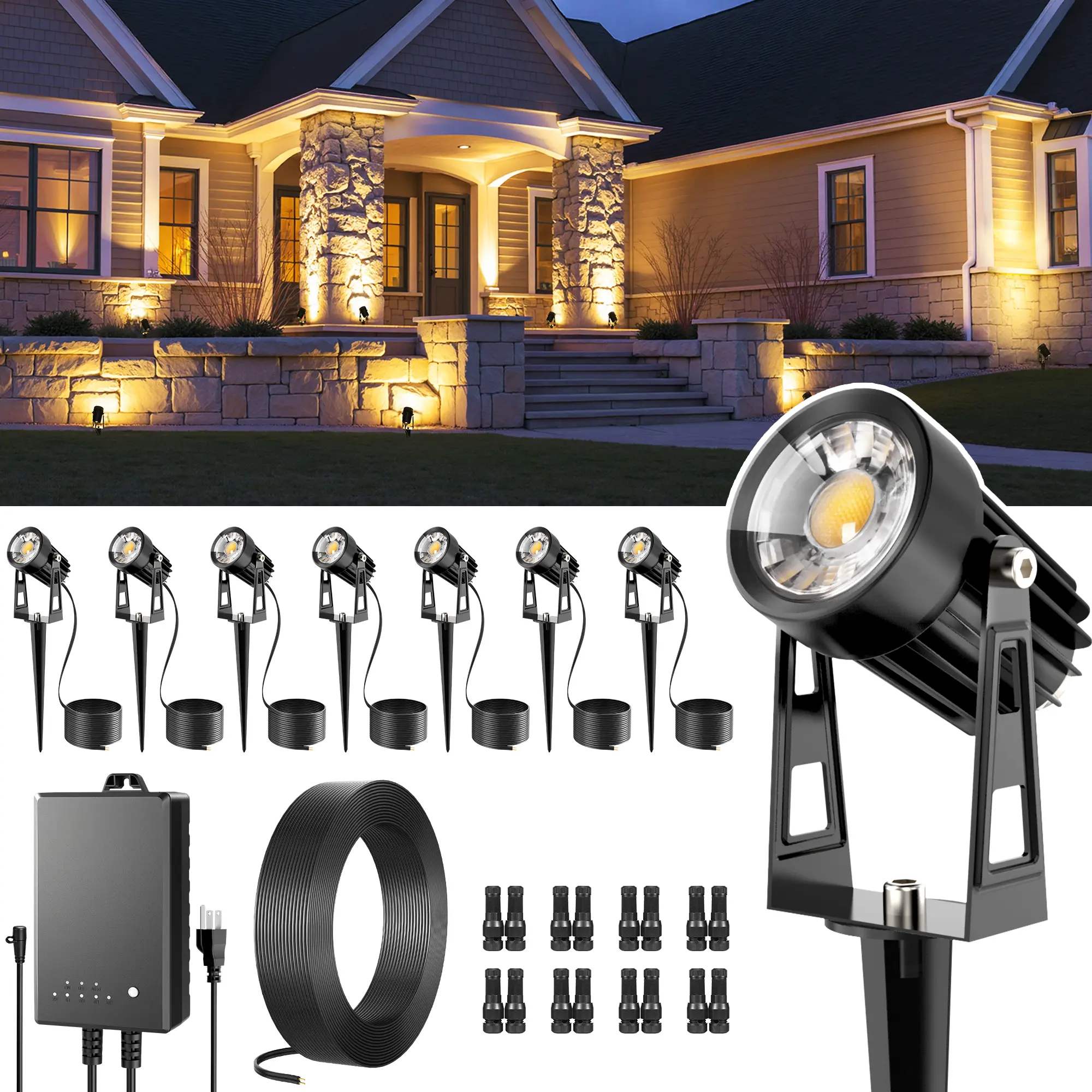 【Summervibes】All-in-One Outdoor Low Voltage Landscape Lighting Kit, LED Landscape Spot Lights with 60W Transformer and 65FT Wire, Waterproof Outside Spotlights for Yard, Garden, Tree, Pathway, House, 3000K
