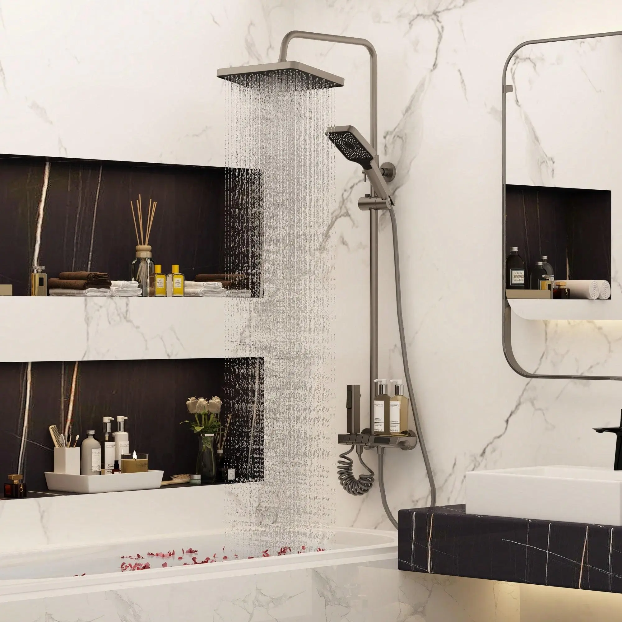 FUFU&GAGA Bathroom Thermostatic Brass Shower and Tub System with LED Display, 4-Way Combo Set Including Ceiling Mount, Dual, High Pressure, Multi-Control, Rain Head Showerheads & Handheld Showers, Ceiling Mount Showerheads & Handheld Showers
