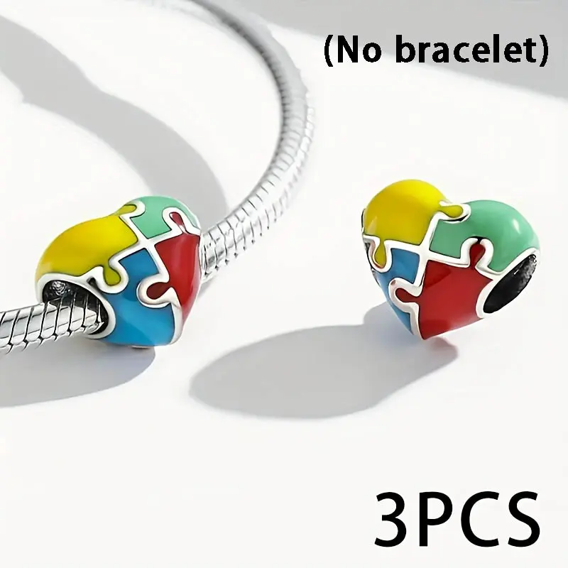 3pcs Colorful Heart Puzzle Alloy Bead Pendants - Lovely Charms for DIY Jewelry Making, Bracelet & Necklace Handmade Craft Supplies
