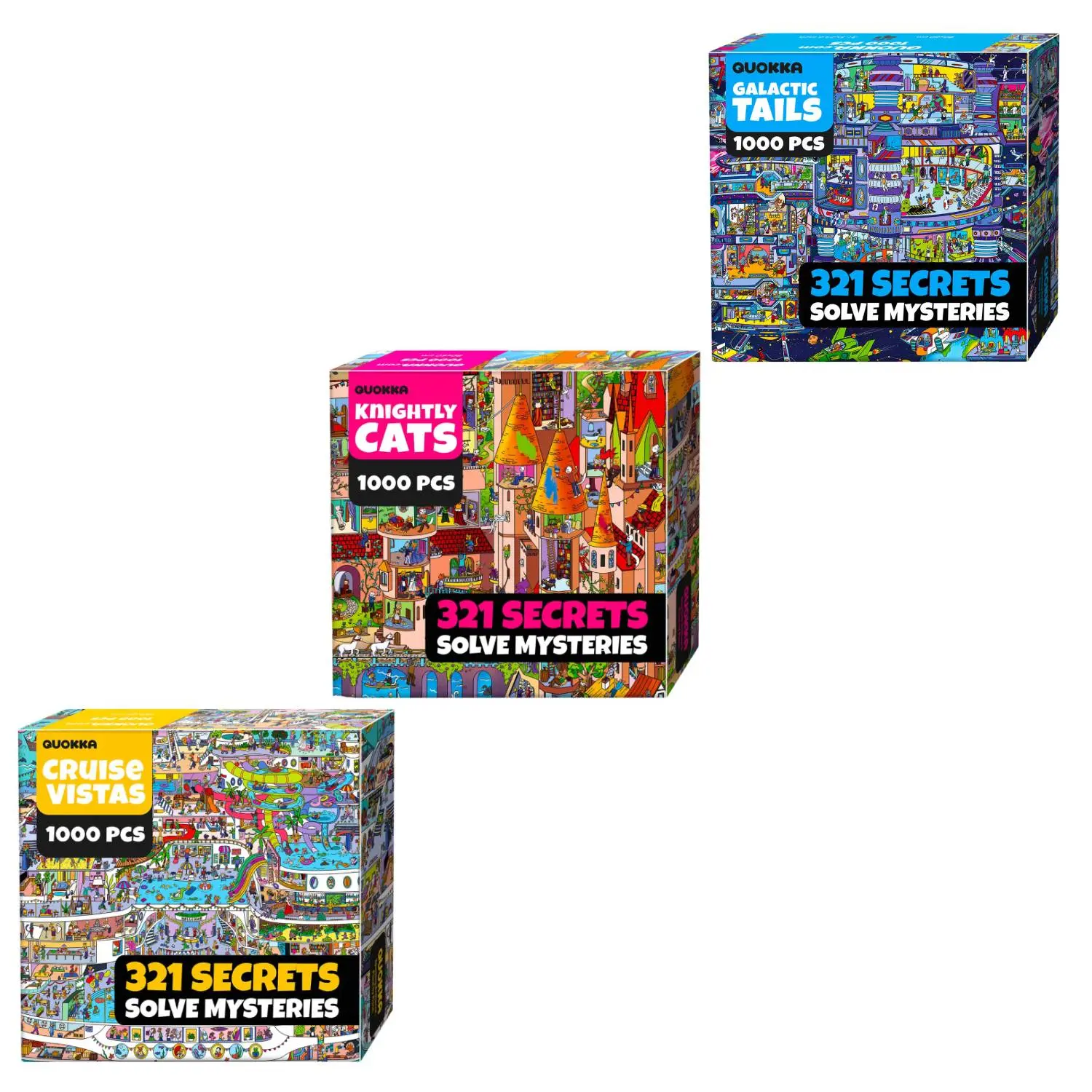 QUOKKA 3-Pack 1000-Piece Puzzle Bundle Set - Vibrant, Highly Detailed Puzzles with Bonus Missions, Extra Tasks, Galactic Tails, Wild Cruise Themes for Adults, Relaxing Hobby Activity