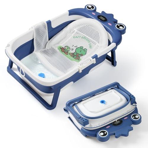 Collapsible Baby Bathtub with Soft Cushion, Thermometer and Bath Seat, Space-Saving Foldable Travel Bathtub for 0-36 Months Infants to Toddlers, Frog Blue