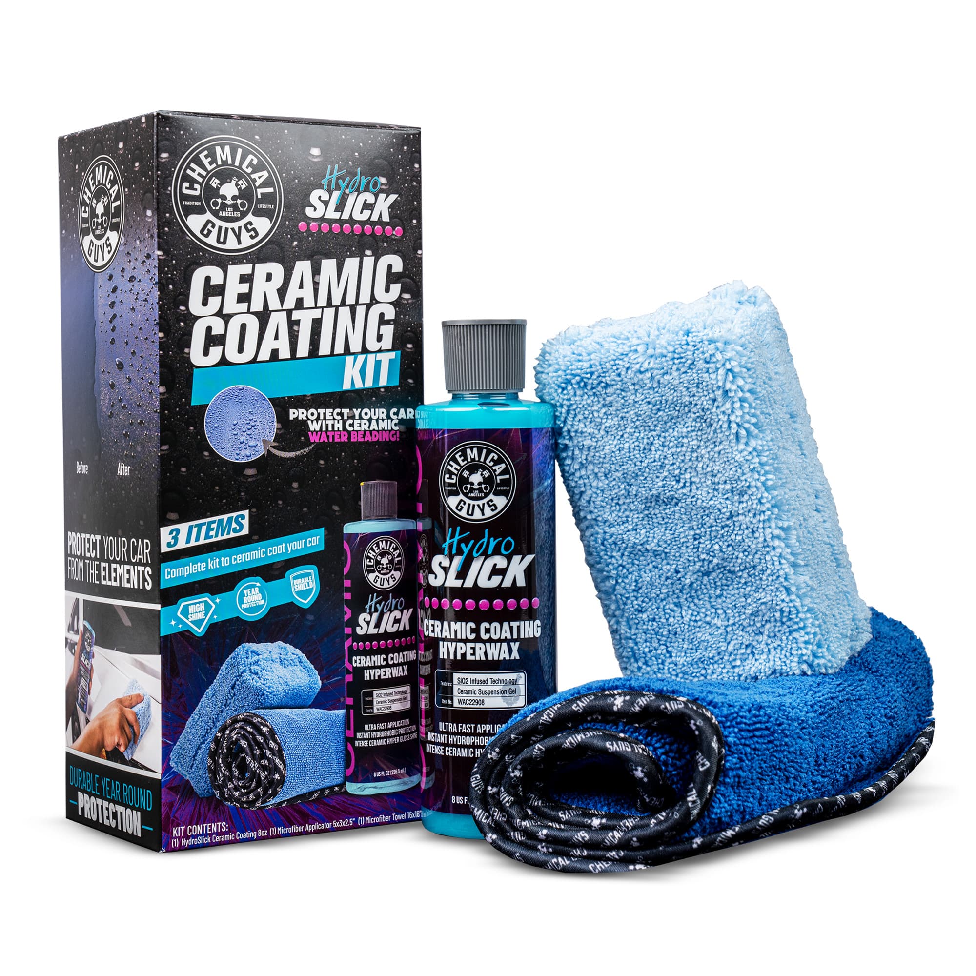 CHEMICAL GUYS HydroSlick Ceramic Coating Kit – HyperWax Formula for Deep Gloss, Hydrophobic Protection, and Long-Lasting Shine | Easy DIY Ceramic Coating for Cars, Trucks & SUVs | Replaces Car Wax | Long Lasting Protection, Water Repellent, Protect Your C