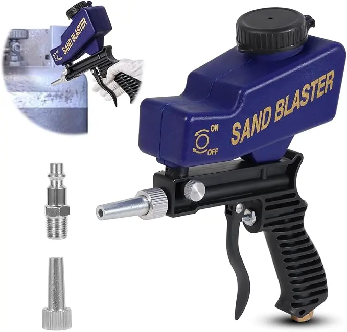 Portable Pneumatic Sand Blaster Gun Kit with Nozzle Adapter, Handheld Air Sandblaster for Rust Paint Removal, Plastic-Metal Surface Cleaning